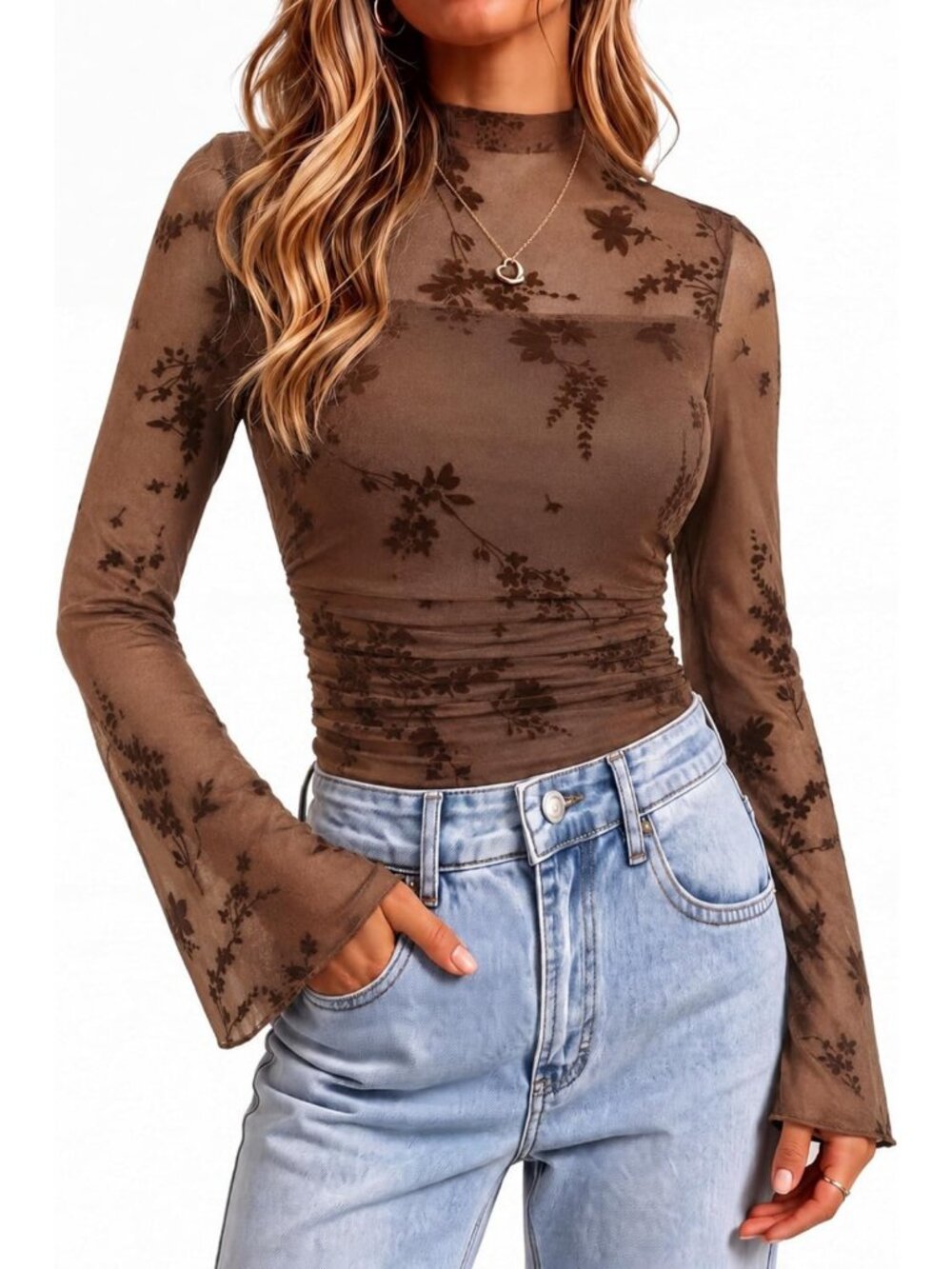 Sheer Floral Mesh Blouse with Mock Neck & Ruched Bell Sleeves - Perfect for